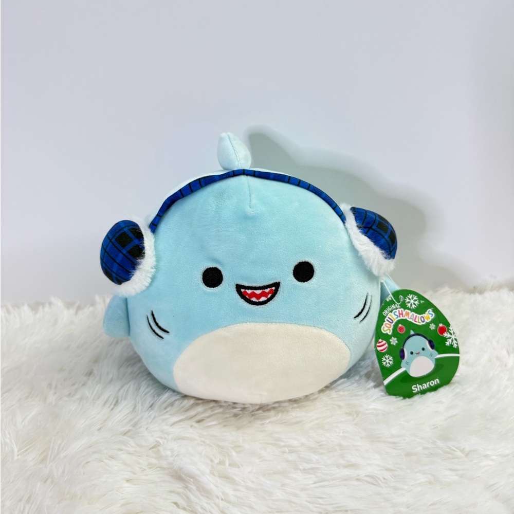 Squishmallows Sharon the Shark 8” Winter Edition Blue Shark with Plaid Ear Muffs